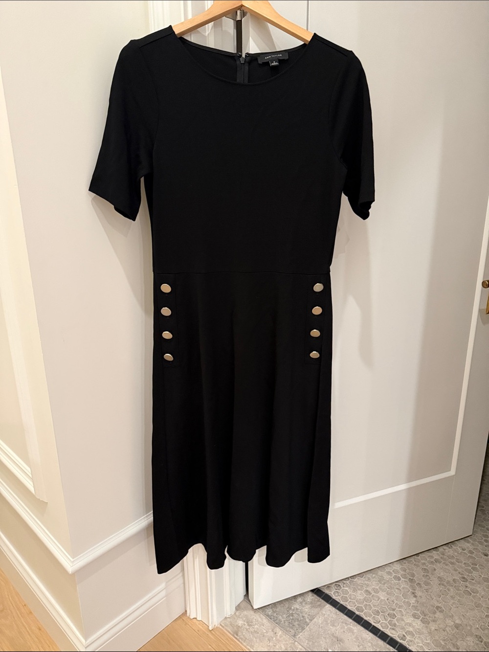 Ann Taylor Black Midi Dress with Gold Button Accents